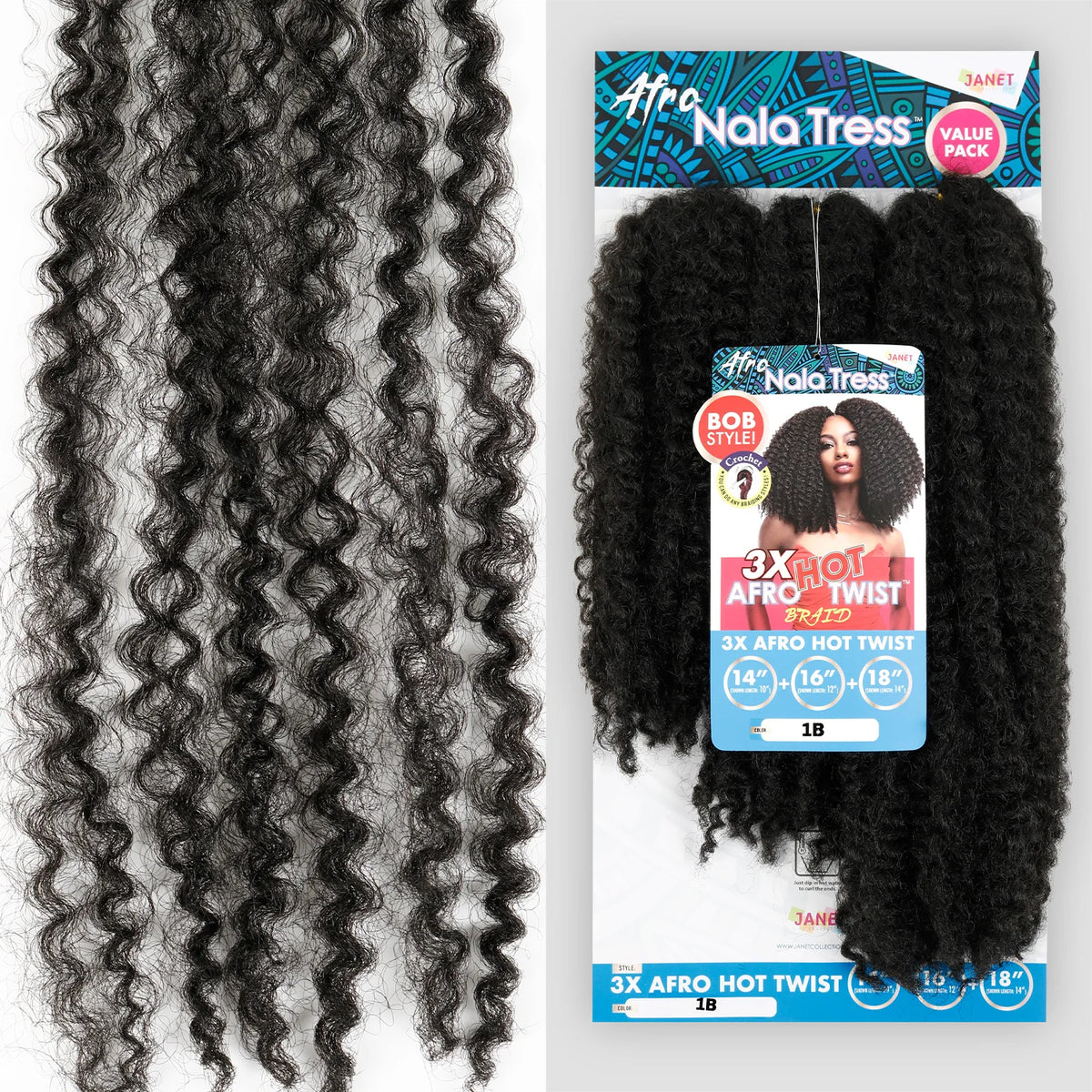 Box Deal Janet Collection Crochet Braids Nala Tress 3x Afro Hot Twist(14'16'18') (50 packs), Synthetic Hair