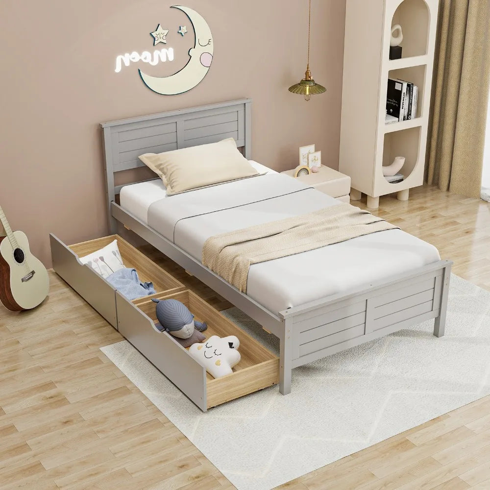Twin Wooden Platform Bed Frame with Two Storage Drawers Slats Support Gray