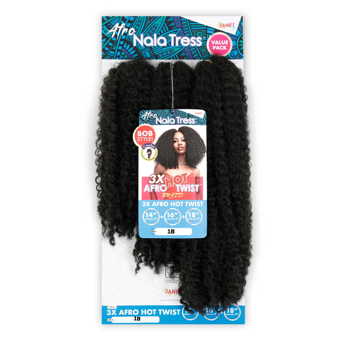 Box Deal Janet Collection Crochet Braids Nala Tress 3x Afro Hot Twist(14'16'18') (50 packs), Synthetic Hair