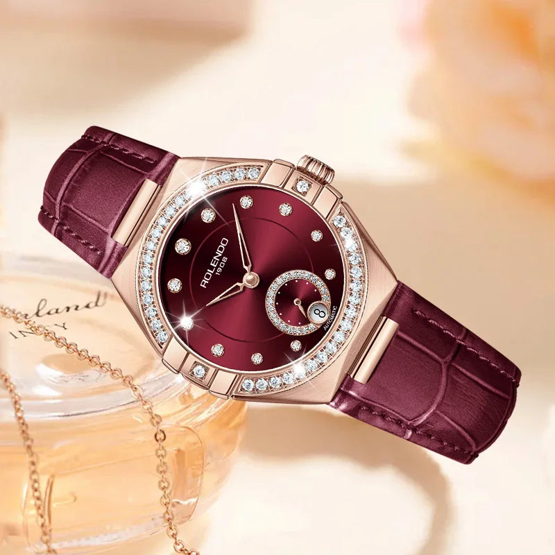ROLENDO Constellation Automatic Watches for Women 33mm Burgundy Leather Strap Calendar Display Seagull Movement 3ATM Watch Gift
