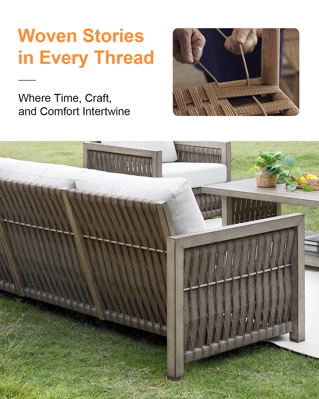 SeeHill 3-Seater Outdoor Sofa, Aluminum Patio Couch with Washable Cushions, Rope Weave Deep Seating Sofa for Garden, Gray Oak