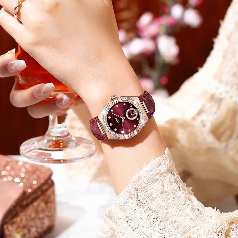 ROLENDO Constellation Automatic Watches for Women 33mm Burgundy Leather Strap Calendar Display Seagull Movement 3ATM Watch Gift