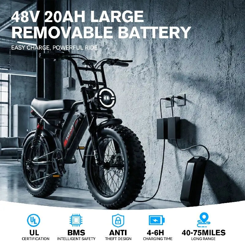 ZEFIORA 2000W Adult Electric Bike, 48V 20Ah 60 Miles Electric Bicycle,20" Fat Tire Full Suspension Electric Mountain Bike