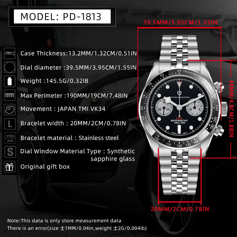 PAGANI DESIGN Chronograph Sport Men's Watches BB Panda Quartz Watch Men Stainless steel bracelet 100M Waterproof Wristwatch Men