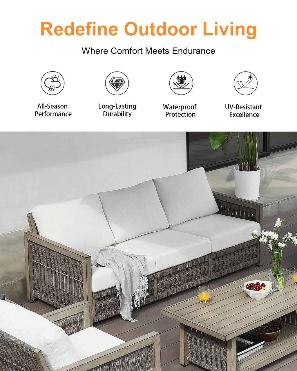SeeHill 3-Seater Outdoor Sofa, Aluminum Patio Couch with Washable Cushions, Rope Weave Deep Seating Sofa for Garden, Gray Oak