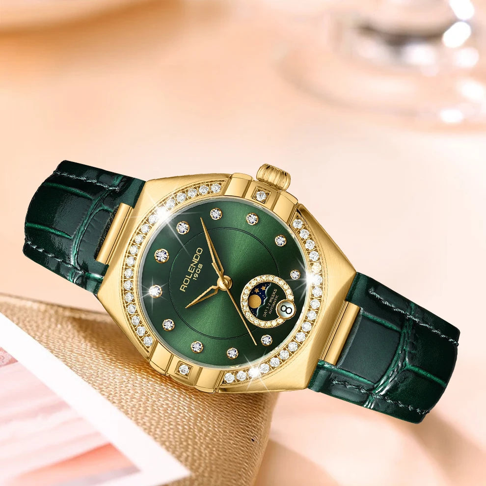 ROLENDO Constellation Style Automatic Women's Watch Secret Emerald Strap Green Dial Day-Date Mineral Crystal Waterproof Elegant