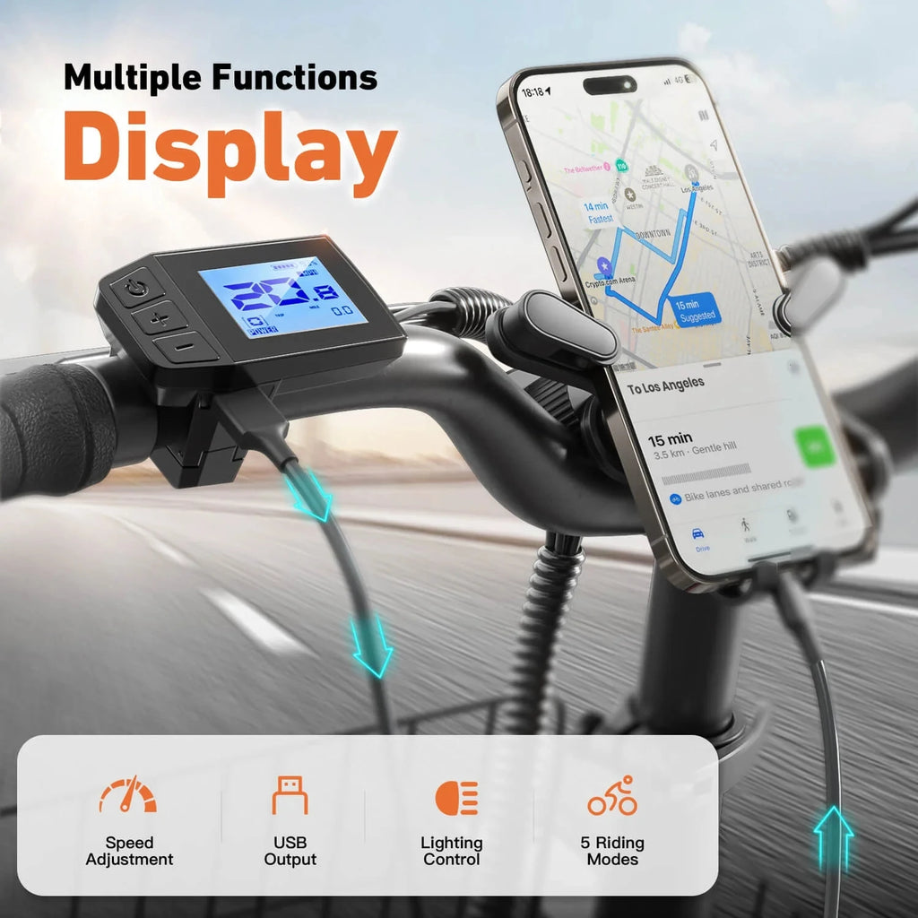 QRONGE Electric Bike 1000W Peak Folding Electric Bike 20" Step-Thru Eletric Bicycle with Front Basket 7 Speed 25 MPH Ebike