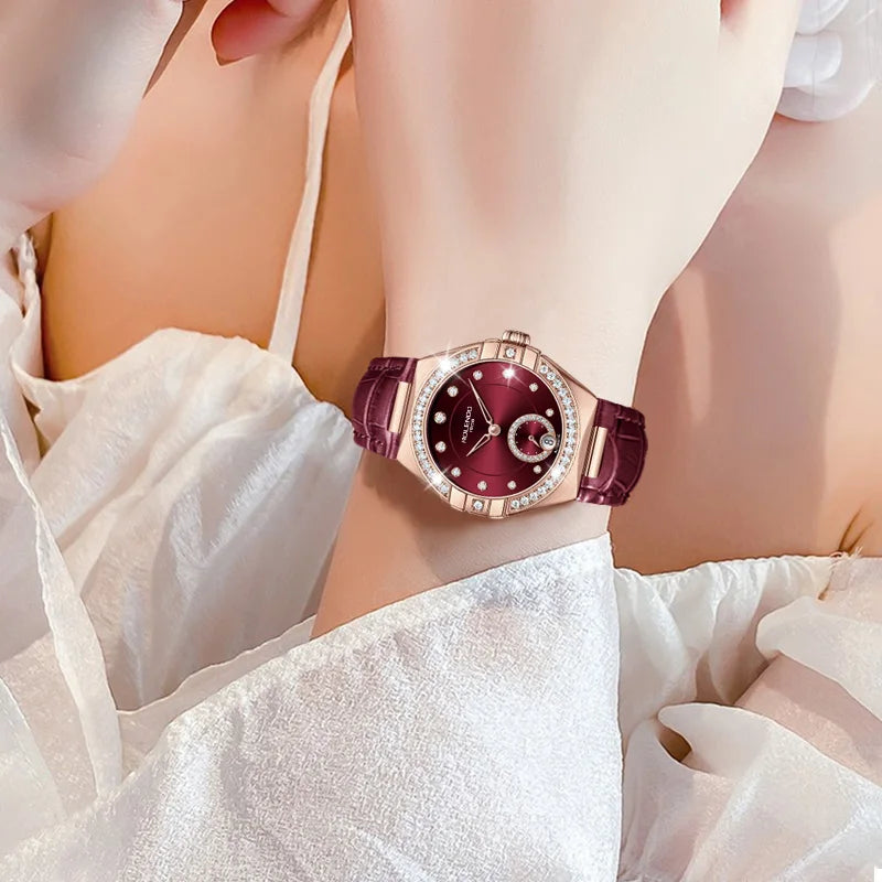 ROLENDO Constellation Automatic Watches for Women 33mm Burgundy Leather Strap Calendar Display Seagull Movement 3ATM Watch Gift