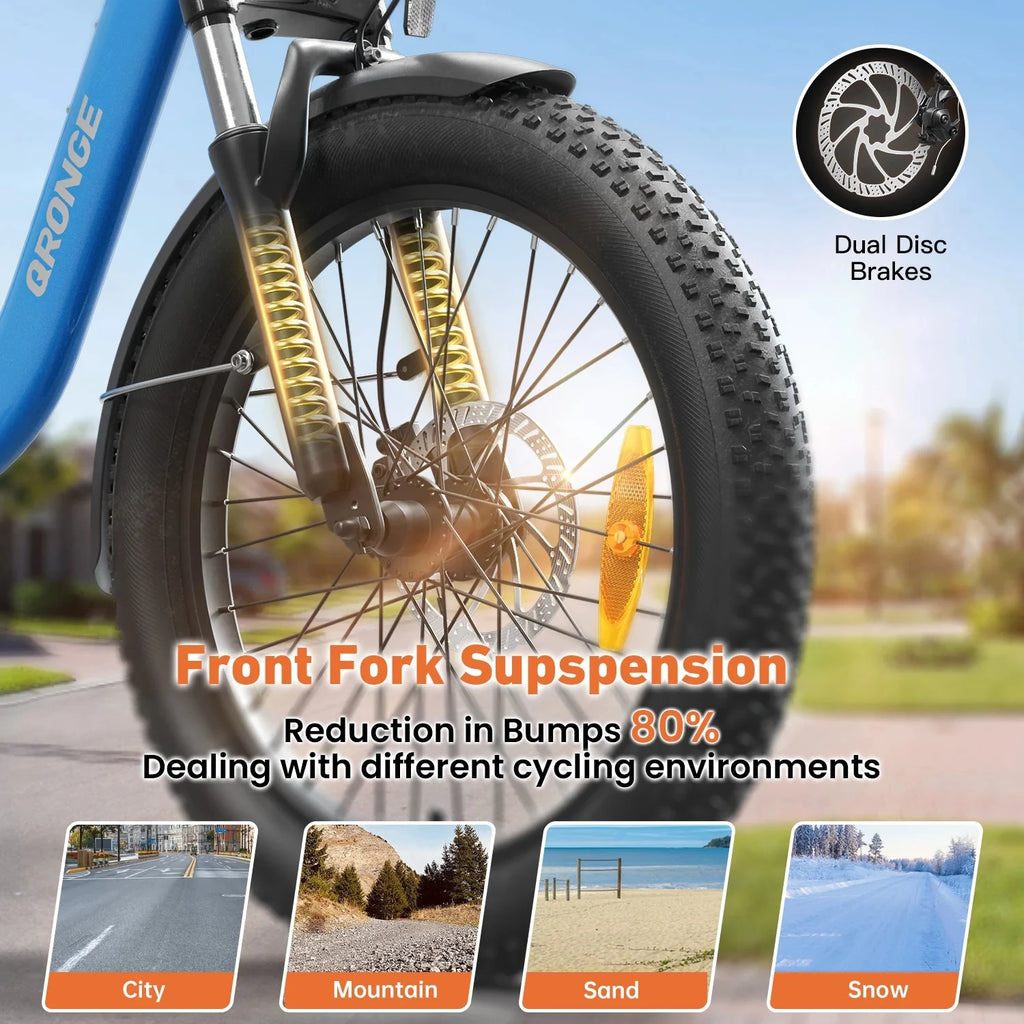 QRONGE Electric Bike 1000W Peak Folding Electric Bike 20" Step-Thru Eletric Bicycle with Front Basket 7 Speed 25 MPH Ebike