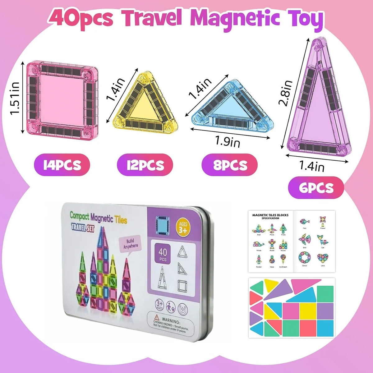Hotfree Mini Magnetic Tiles Building Blocks 40PCS - Montessori Educational Magnet Travel Construction Set with Iron Storage Box