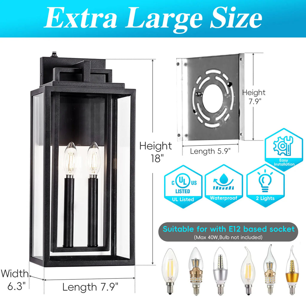 Dusk to Dawn Outdoor Wall Sconce Waterproof Wall Lantern 2-Lights, 20" Large Outside Modern Wall Mount Light, 1-Pack