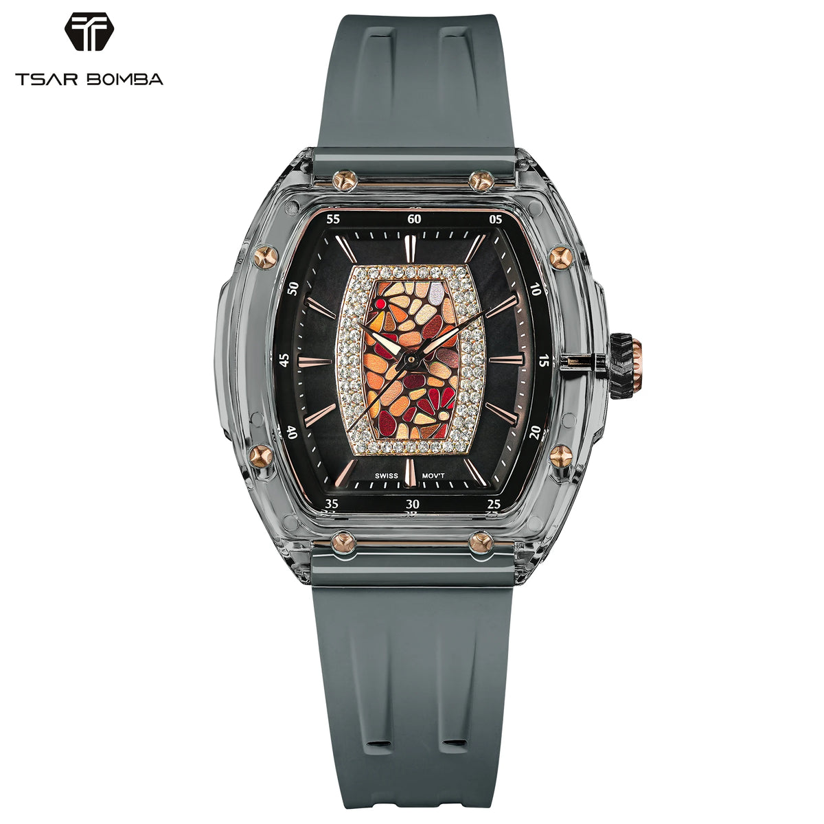 TSAR BOMBA Women’s Quartz Watch, Swiss Movement, Transparent Case, Zircon Dial, Comfortable Strap, Elegant Fashion Wristwatch