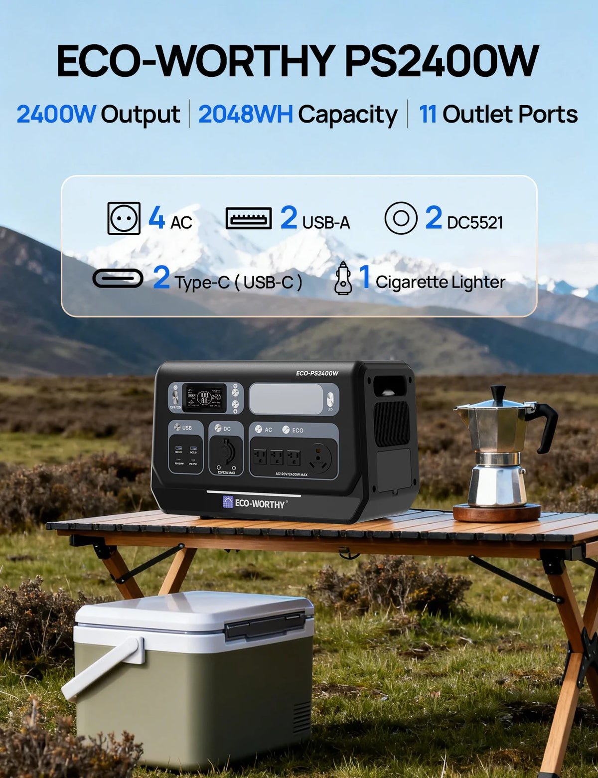 ECO-WORTHY  200W Portable Solar Panel and PS 2400W Power Station 2048Wh LiFePO4 Battery, for RV  Off Grid