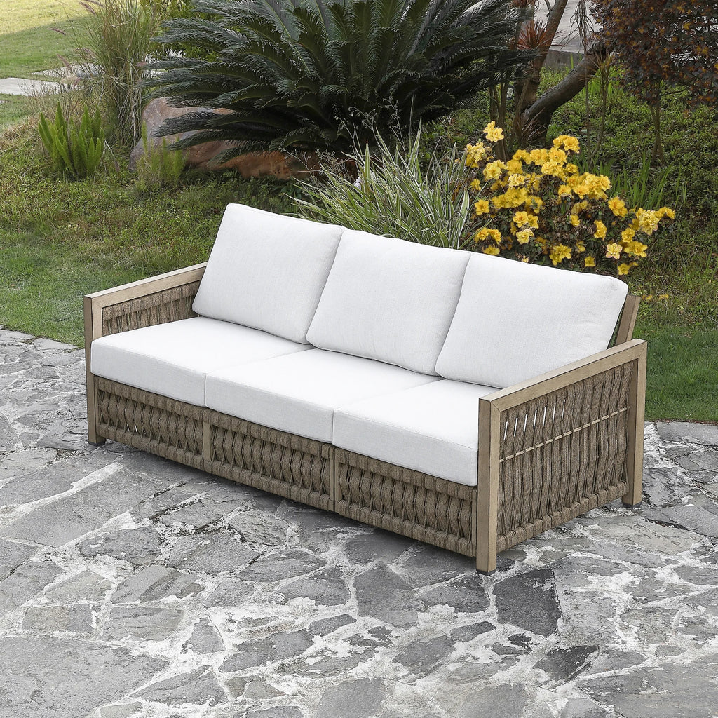 SeeHill 3-Seater Outdoor Sofa, Aluminum Patio Couch with Washable Cushions, Rope Weave Deep Seating Sofa for Garden, Gray Oak