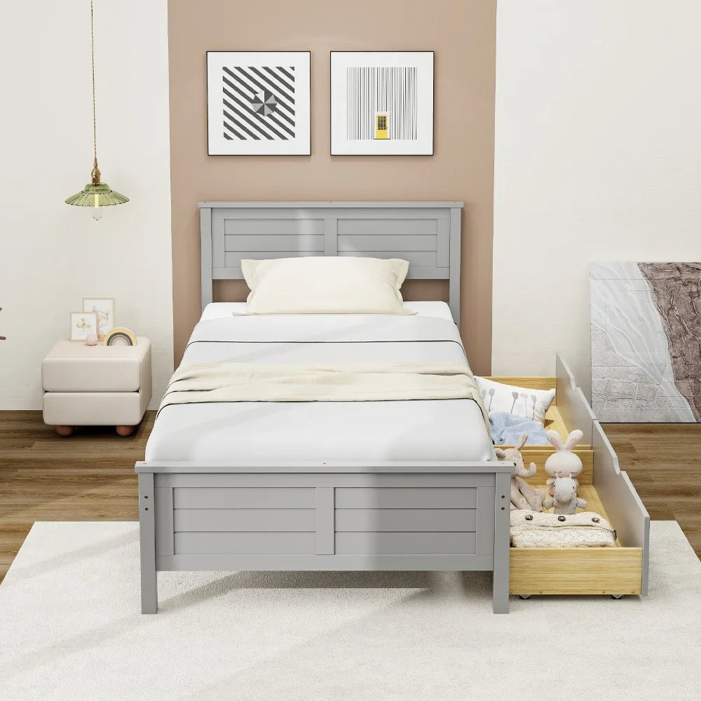 Twin Wooden Platform Bed Frame with Two Storage Drawers Slats Support Gray