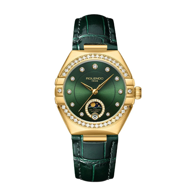 ROLENDO Constellation Style Automatic Women's Watch Secret Emerald Strap Green Dial Day-Date Mineral Crystal Waterproof Elegant