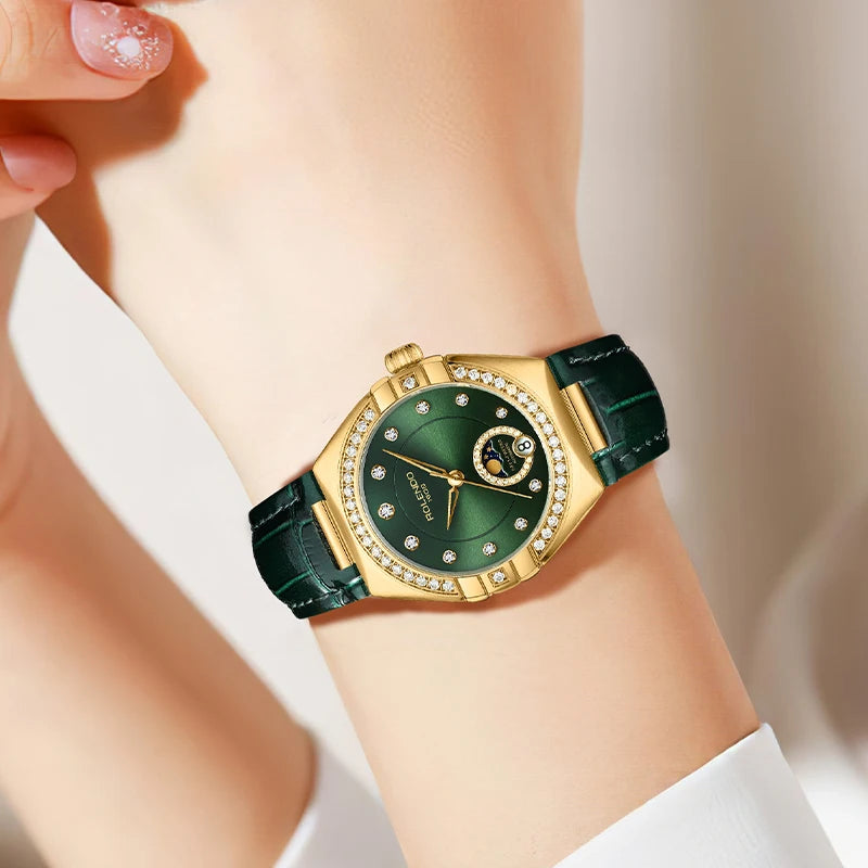 ROLENDO Constellation Style Automatic Women's Watch Secret Emerald Strap Green Dial Day-Date Mineral Crystal Waterproof Elegant