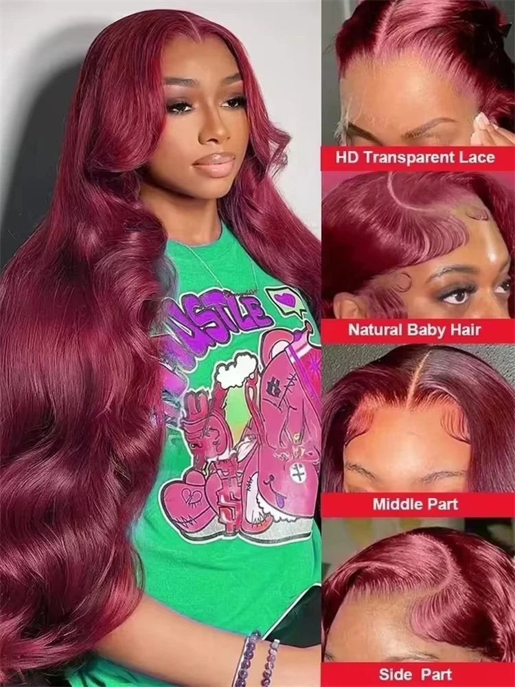 99j Burgundy 13x6 HD Lace Frontal Human Hair Wig Body Wave 200 250 Density 30 40 Inch Red Colored Lace Frontal Wigs Brazilian