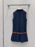 2026 Spring/Summer New Preppy Style Sleeveless Pleated Dress With Belt And Waist Fit For Women
