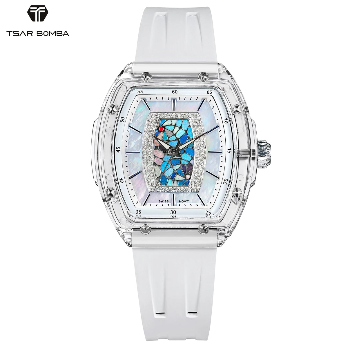 TSAR BOMBA Women’s Quartz Watch, Swiss Movement, Transparent Case, Zircon Dial, Comfortable Strap, Elegant Fashion Wristwatch