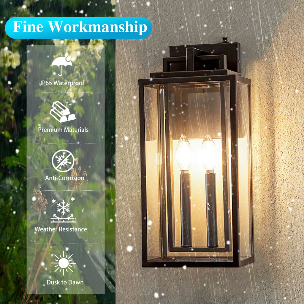 Dusk to Dawn Outdoor Wall Sconce Waterproof Wall Lantern 2-Lights, 20" Large Outside Modern Wall Mount Light, 1-Pack