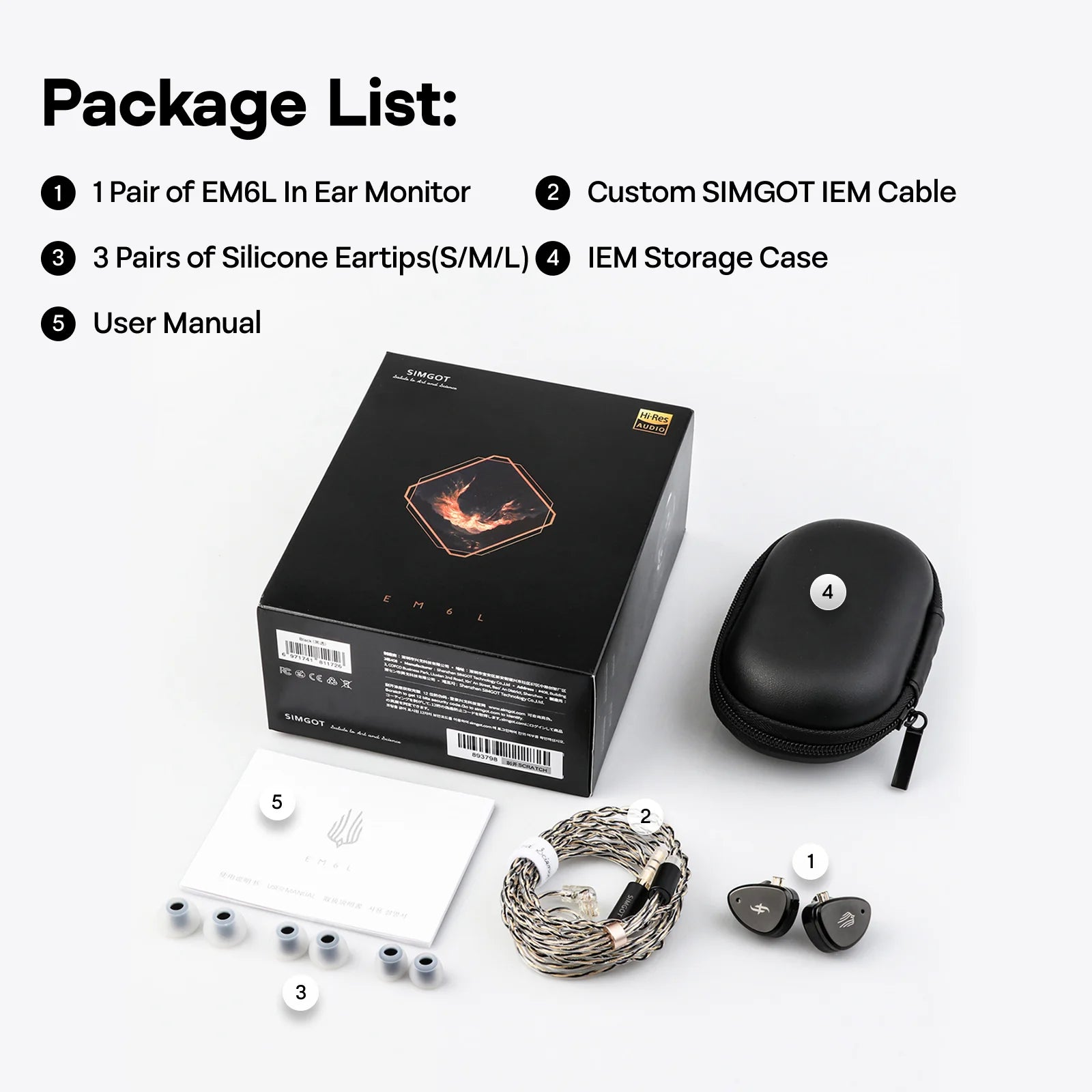 SIMGOT EM6L 1DD + 4BA Hybrid Driver In-ear Monitor HiFi IEM Earphone with Detachable OFC Silver Cable for Musician Audiophile