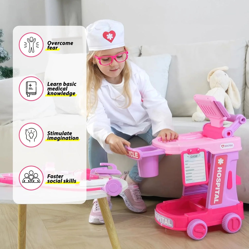 Doctor Kit for Toddlers Ages 2 3 4 5, Pretend Kids Doctor Playset with Cart, Costume and Stethoscope, Role Play Medical Toys Bir