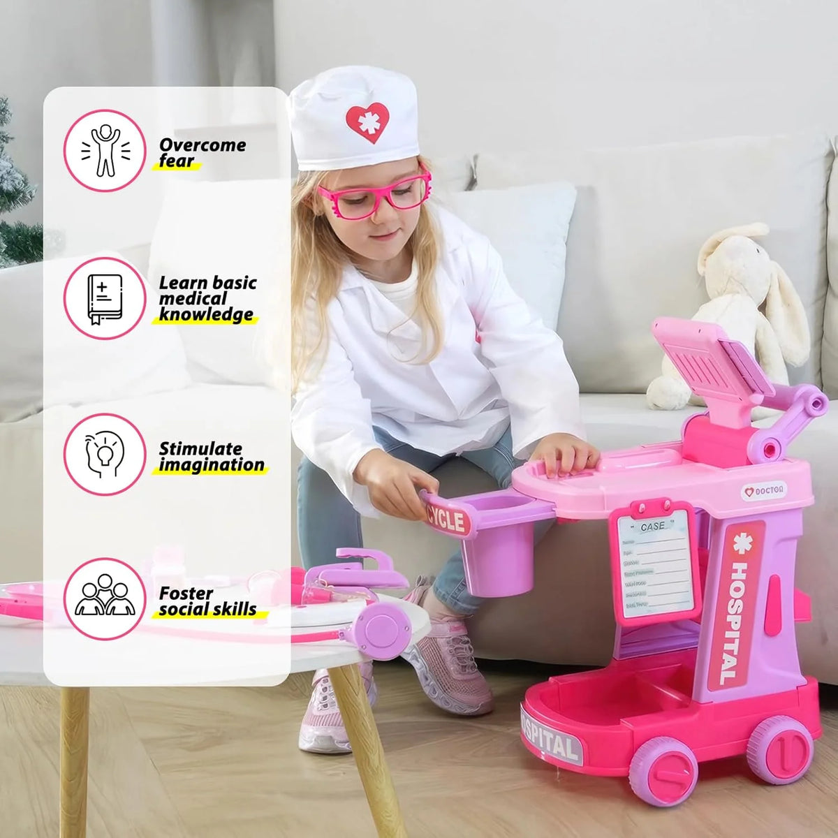Doctor Kit for Toddlers Ages 2 3 4 5, Pretend Kids Doctor Playset with Cart, Costume and Stethoscope, Role Play Medical Toys Bir