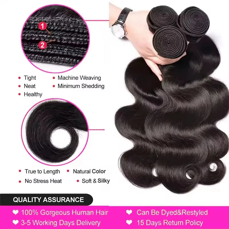 40Inch Body Wave Human Hair Bundles Brazilian Raw Human Hair 1/3/4 Bundles for Women 10A Thick Bundles 3 Days Delivery