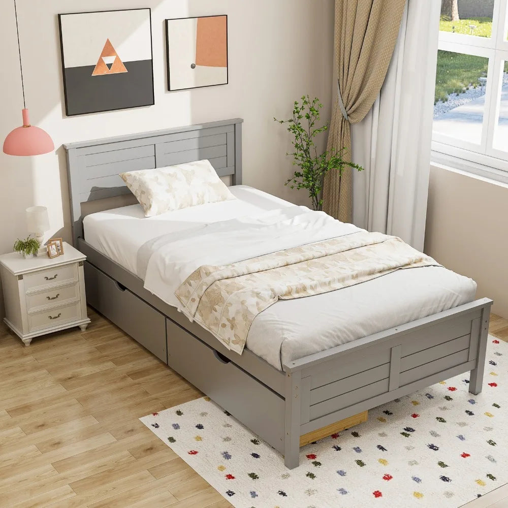 Twin Wooden Platform Bed Frame with Two Storage Drawers Slats Support Gray