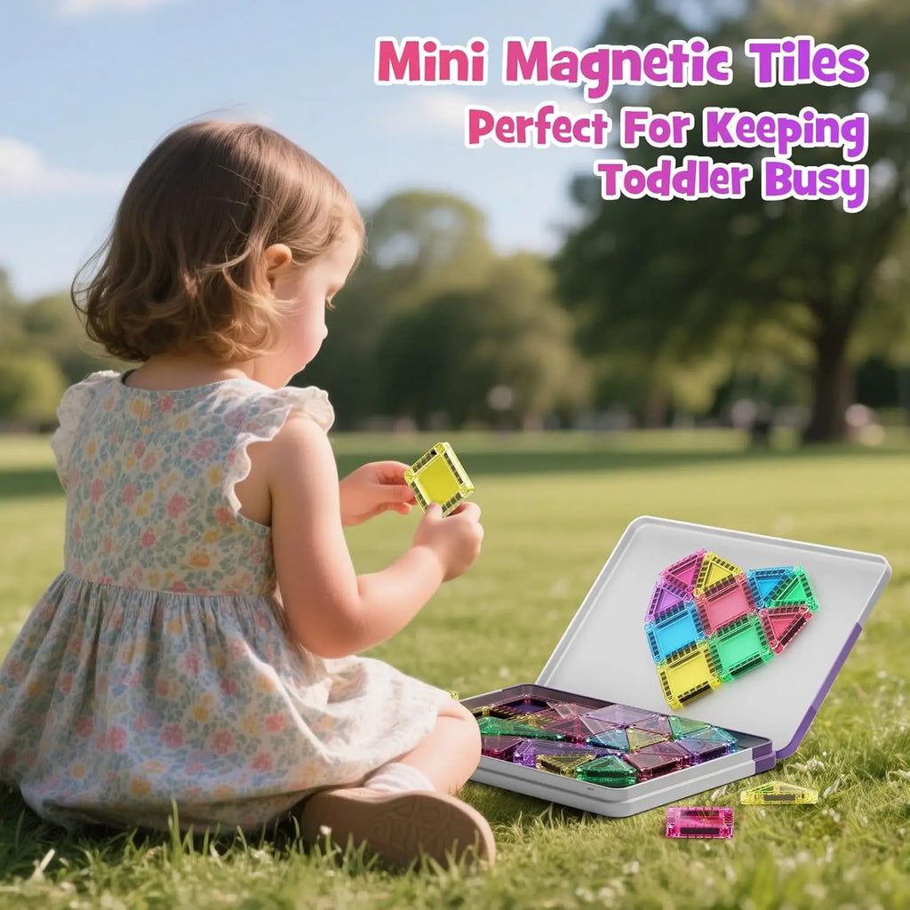 Hotfree Mini Magnetic Tiles Building Blocks 40PCS - Montessori Educational Magnet Travel Construction Set with Iron Storage Box