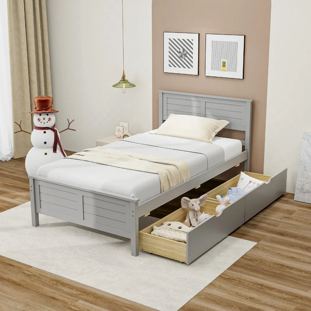 Twin Wooden Platform Bed Frame with Two Storage Drawers Slats Support Gray