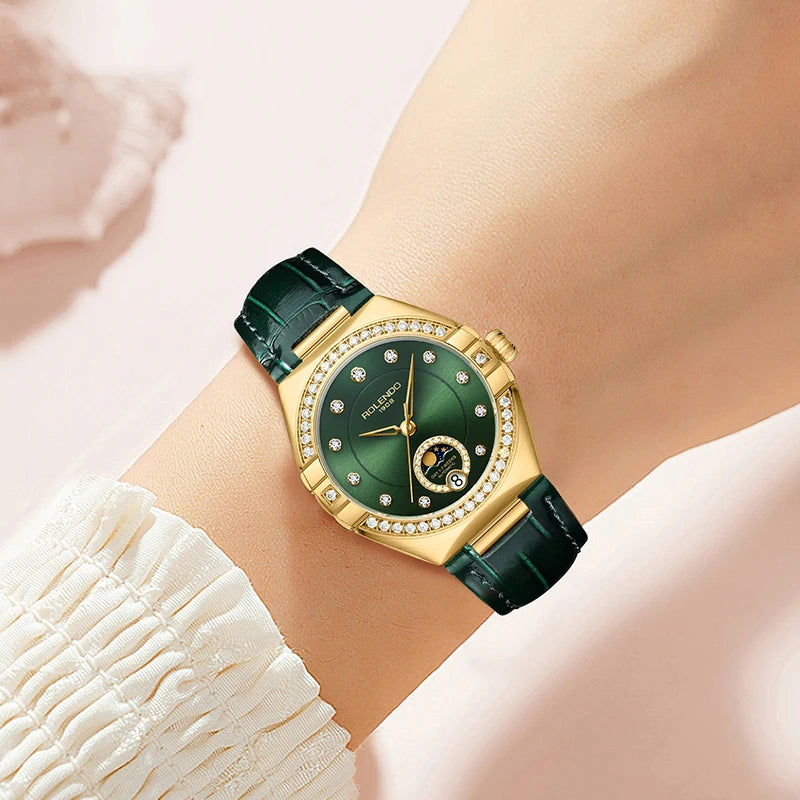 ROLENDO Diamond-Set Automatic Watches for Women Secret Emerald Sun-patterned Dial Date Waterproof Constellation Style Wristwatch