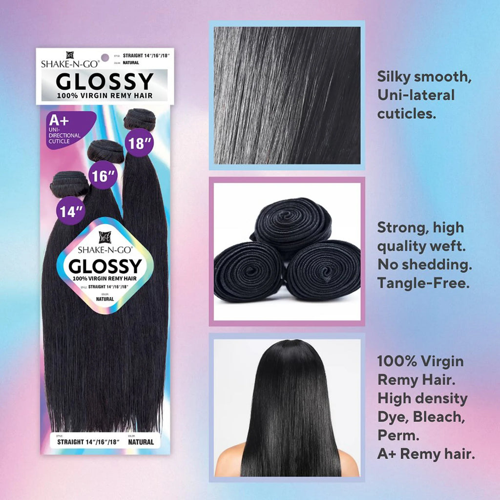 Shake-N-Go Glossy Virgin Remy Hair Weave 3 Bundles Straight – Natural Shine, Full Volume, Soft Texture, Easy to Style