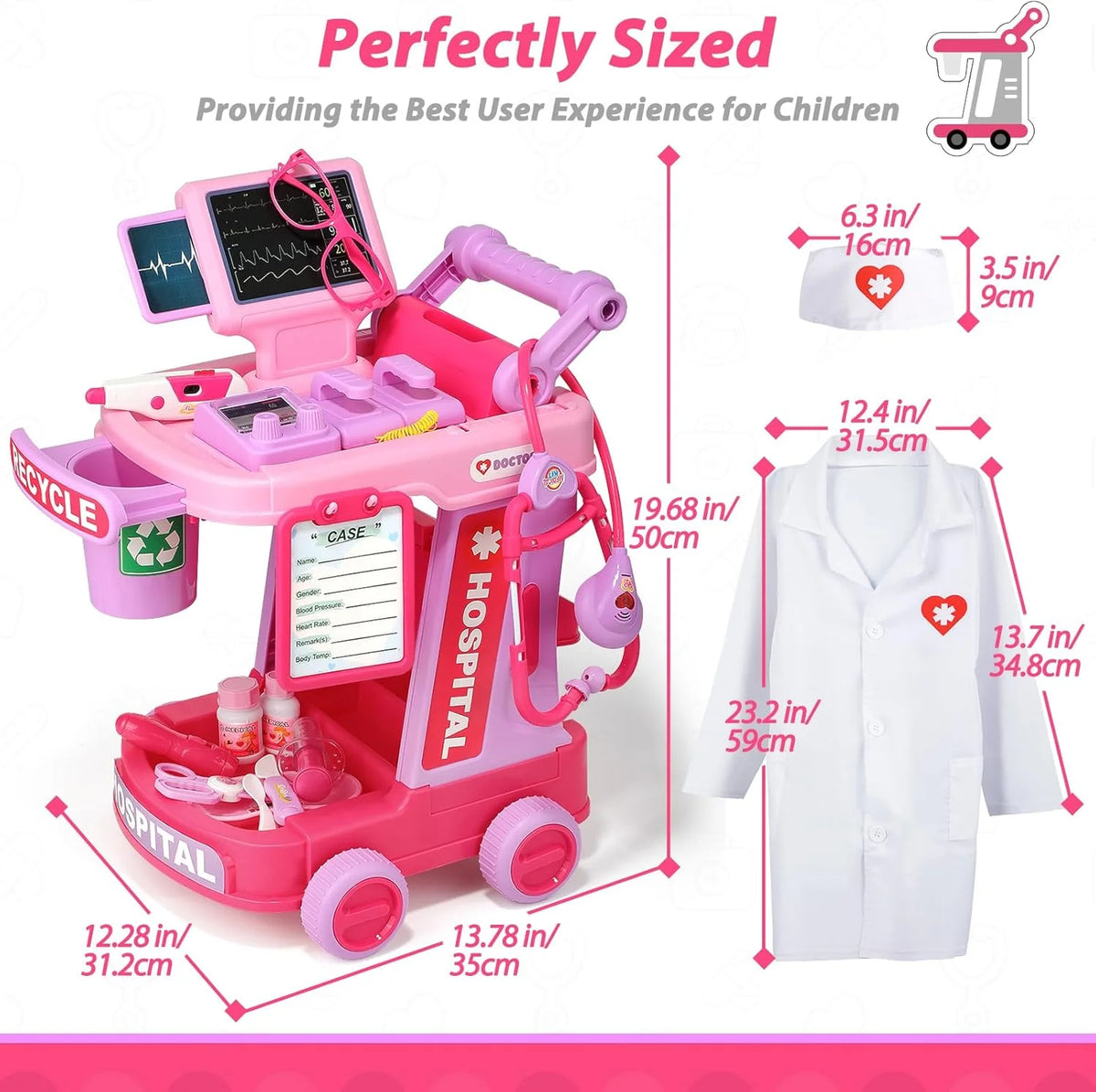 Doctor Kit for Toddlers Ages 2 3 4 5, Pretend Kids Doctor Playset with Cart, Costume and Stethoscope, Role Play Medical Toys Bir