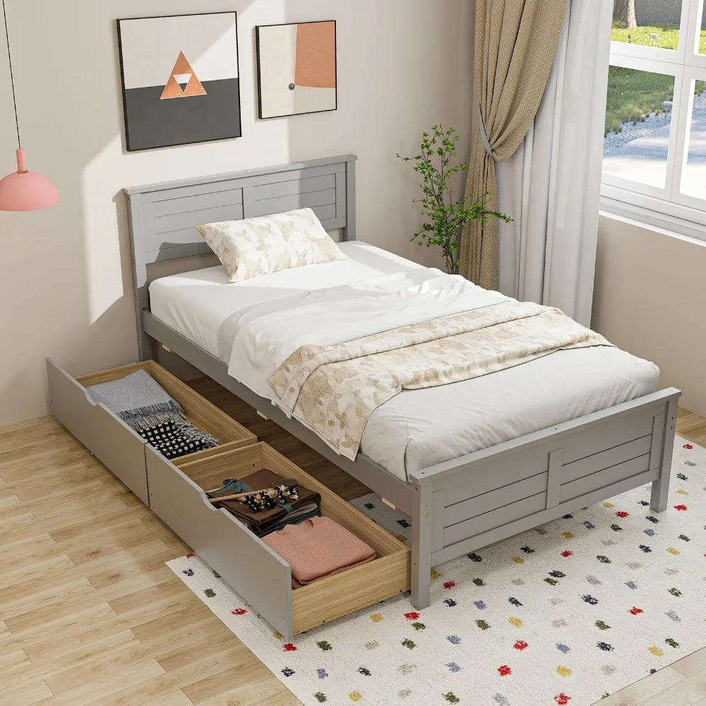 Twin Wooden Platform Bed Frame with Two Storage Drawers Slats Support Gray
