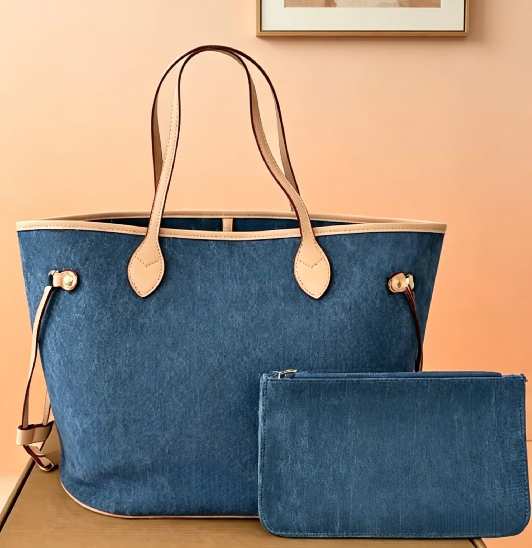 Women Casual Denim Tote Bag Lightweight Travel & Shopping Bag with Inner Pouch Size：31×28cm