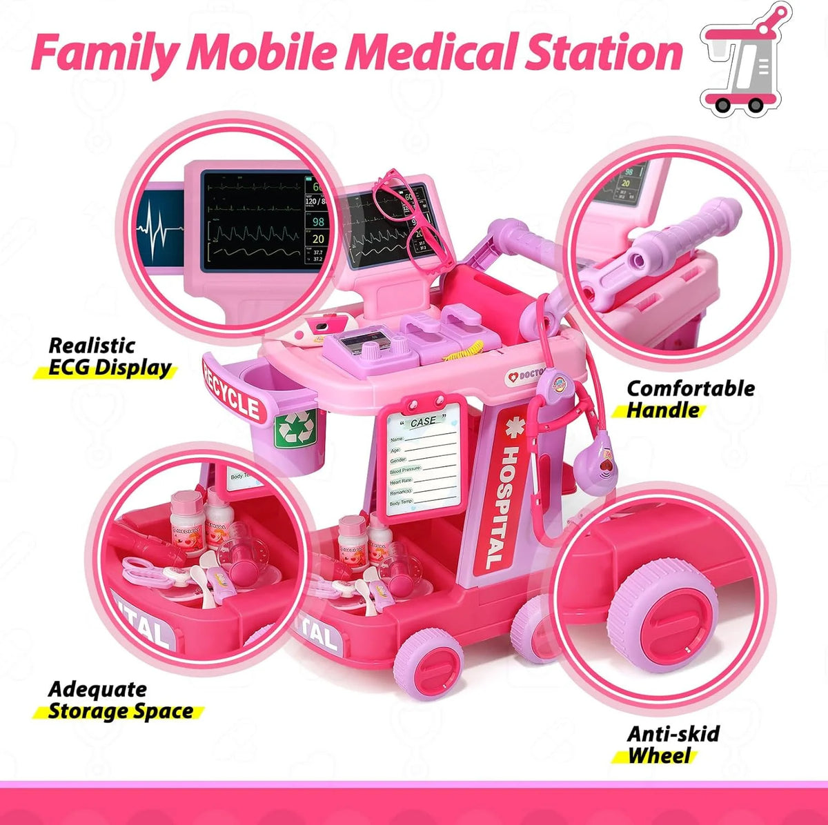 Doctor Kit for Toddlers Ages 2 3 4 5, Pretend Kids Doctor Playset with Cart, Costume and Stethoscope, Role Play Medical Toys Bir