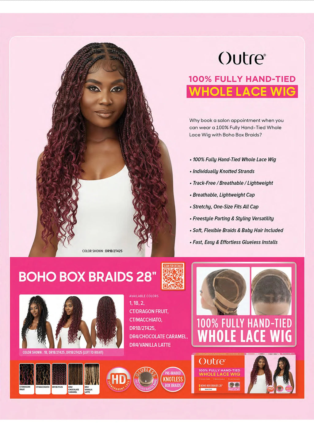Outre HD Braided Whole Lace Wig Glueless Knotless Boho Box Braids 28"