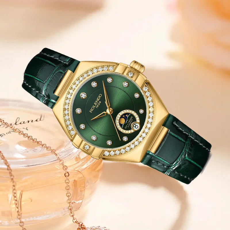 ROLENDO Constellation Style Automatic Women's Watch Secret Emerald Strap Green Dial Day-Date Mineral Crystal Waterproof Elegant