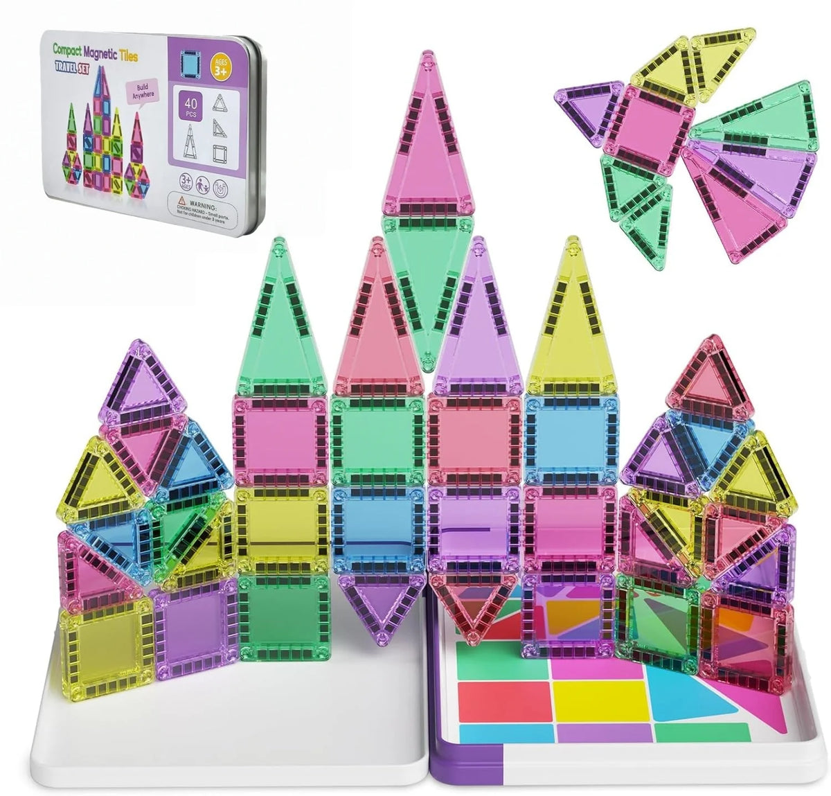 Hotfree Mini Magnetic Tiles Building Blocks 40PCS - Montessori Educational Magnet Travel Construction Set with Iron Storage Box
