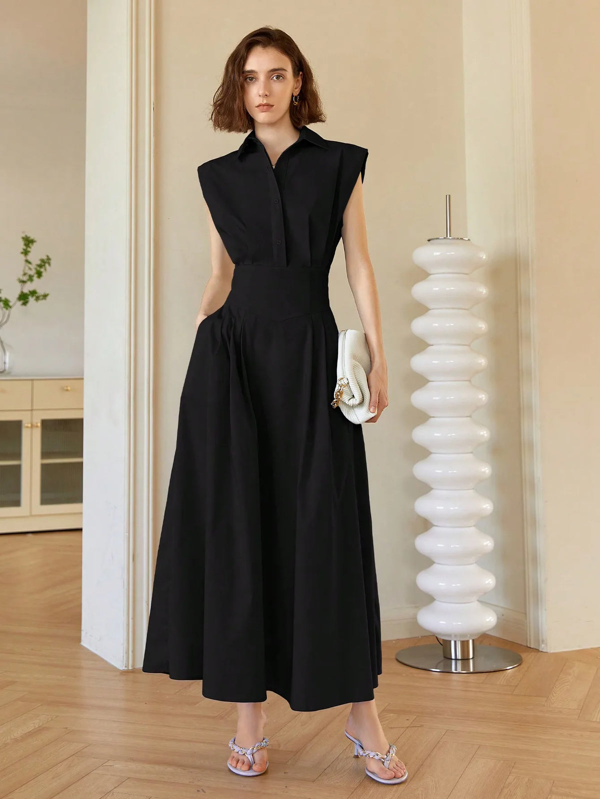Women's Light Blue Sleeveless Collared Midi Dress, A-Line Fit, Elegant Business Casual Style