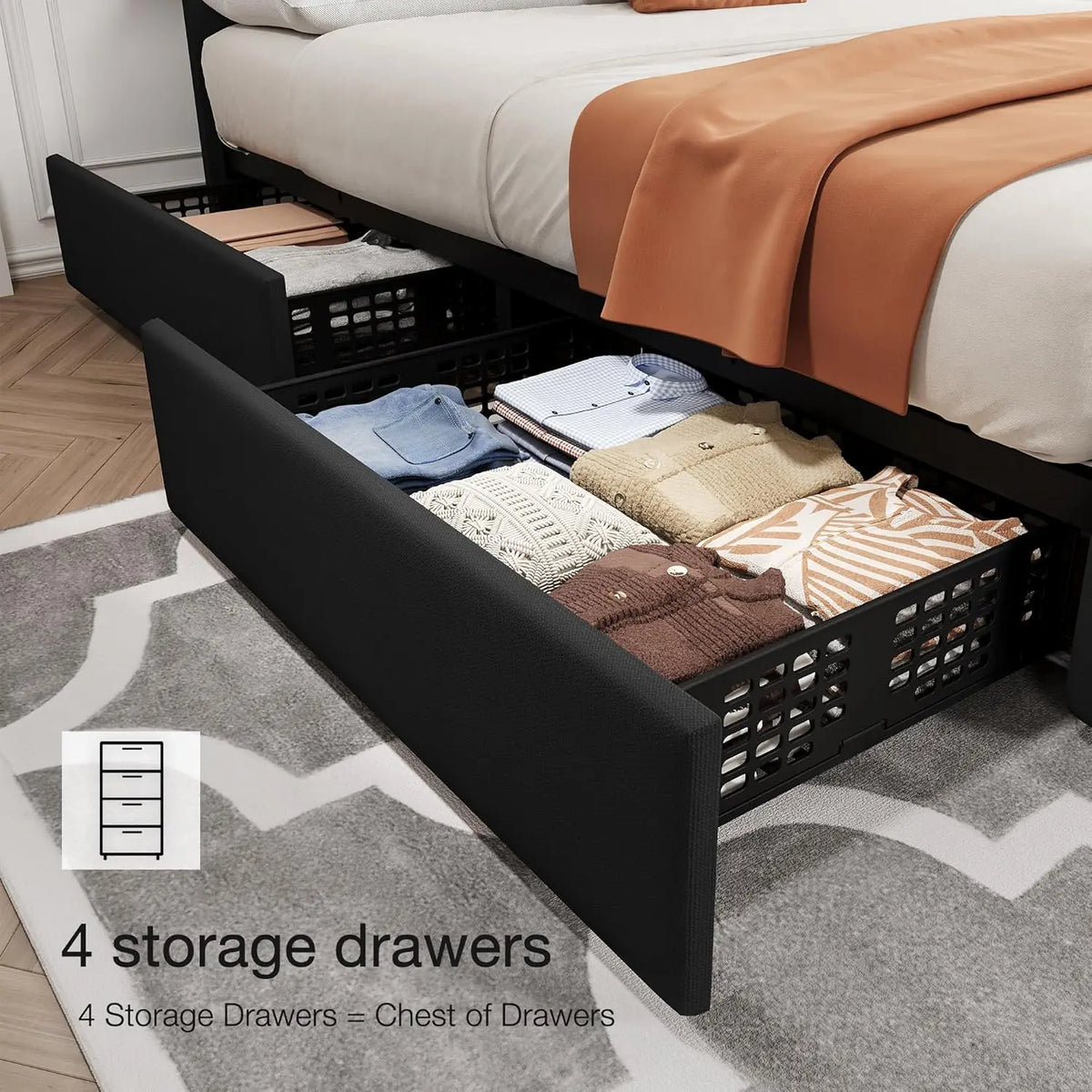 King Size Bed Frame with Storage Drawers, Adjustable Headboard, Linen Upholstered Platform Bed, No Box Spring Needed