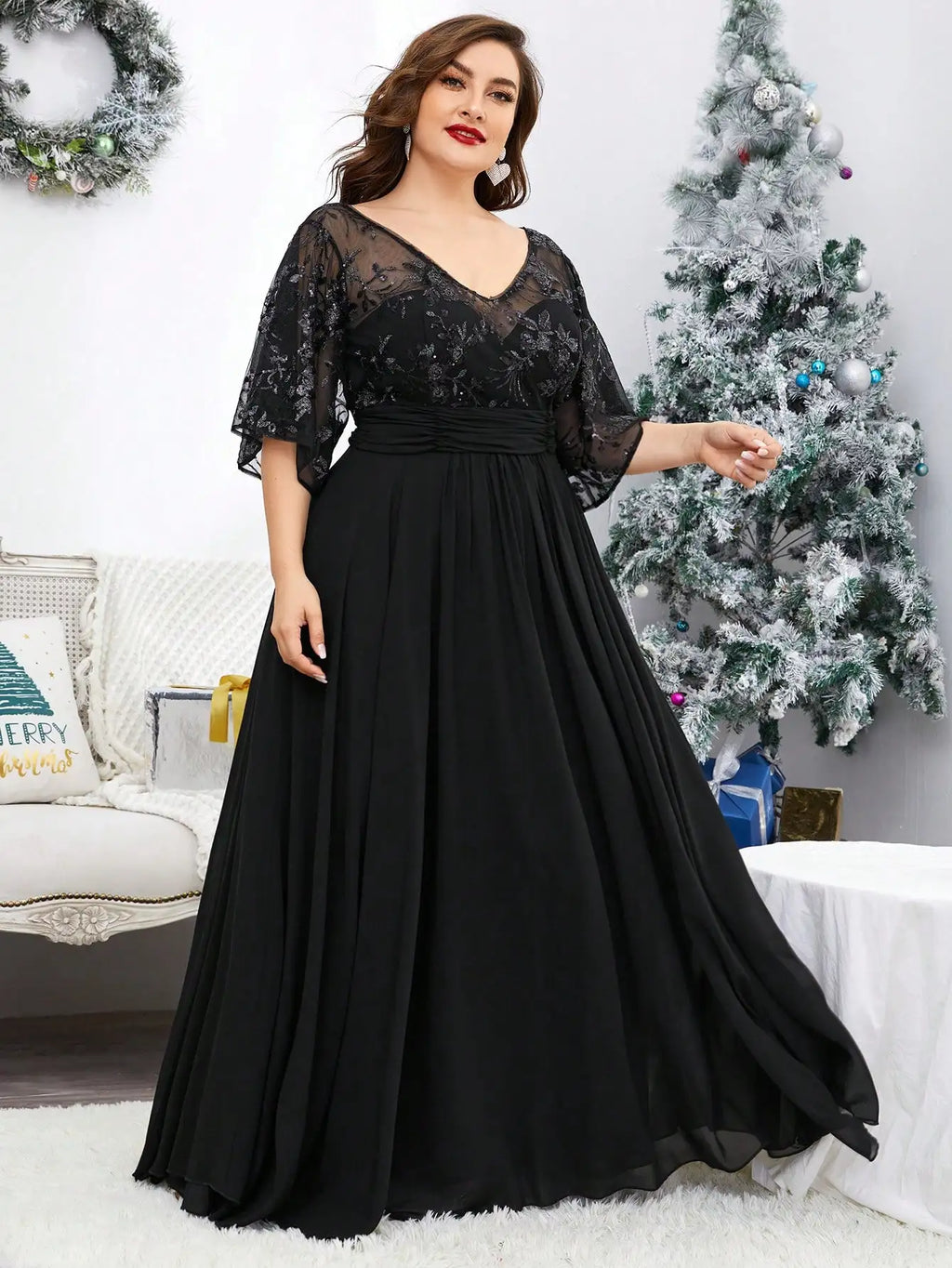 Plus Size Women V-Neck Sequin Embroidery Sheer Flare Sleeve Chiffon Maxi Dress Formal Evening Party Gown