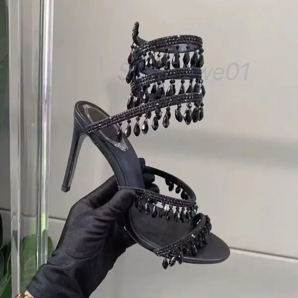95mm Ankle strap Wraparound women high heeled sandal rhinestone flower Evening shoes Large size 34-43 Bring box heels