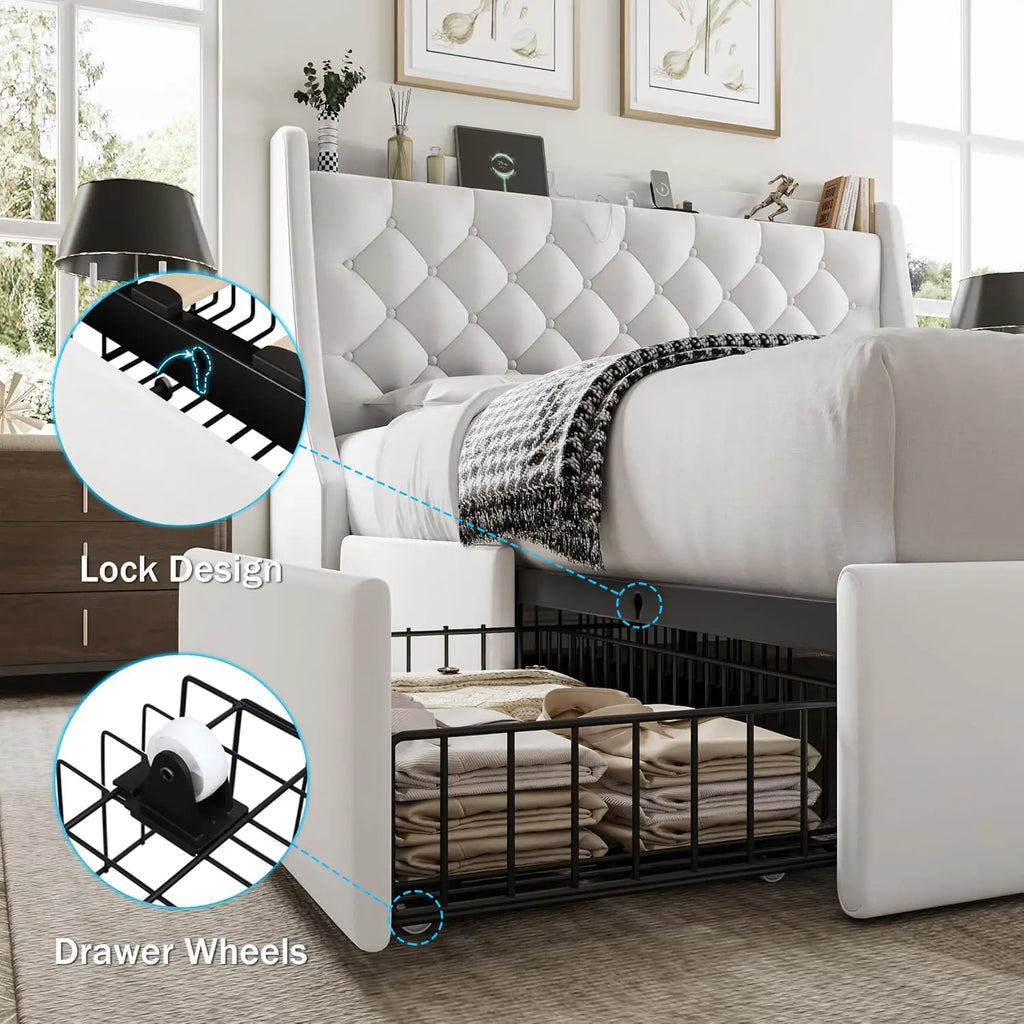 Full Bed Frame With 4 Storage Drawers, Huge Upholstered Wingback Headboard, Fast Charging Station, No Box Spring, Customized