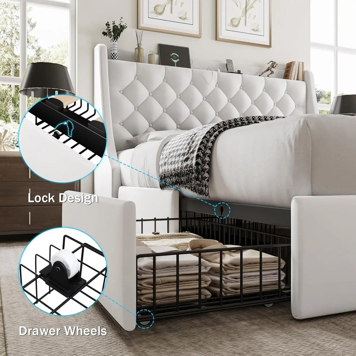 Full Bed Frame With 4 Storage Drawers, Huge Upholstered Wingback Headboard, Fast Charging Station, No Box Spring, Customized