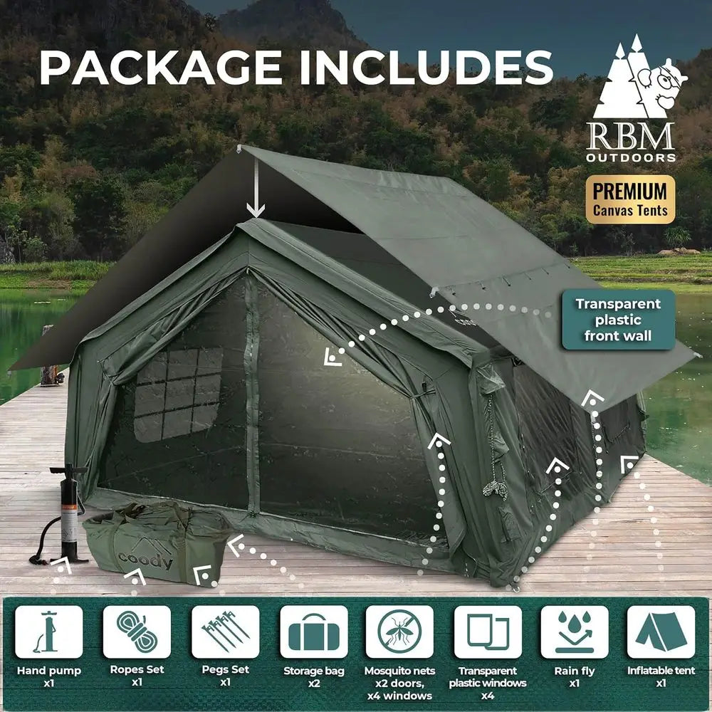 Coody Iatable Canvas Camping Tents with Stove Jack – Premium Air Beam amily Glamping Tent, Breathable Cotton Canvas, ast Setup A