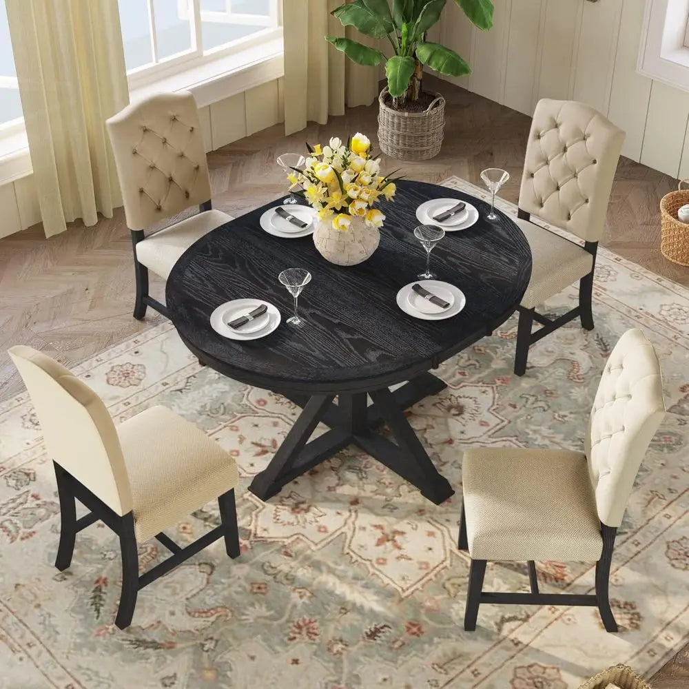 Solid Wood 5-Piece Dining Set or Expandable Round Kitchen Table with 4 Upholstered Chairs in Beige for Kitchen, Dining & Living