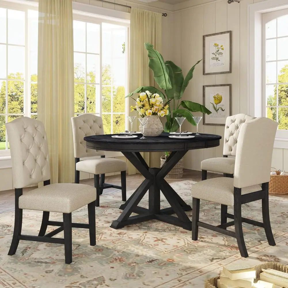 Solid Wood 5-Piece Dining Set or Expandable Round Kitchen Table with 4 Upholstered Chairs in Beige for Kitchen, Dining & Living